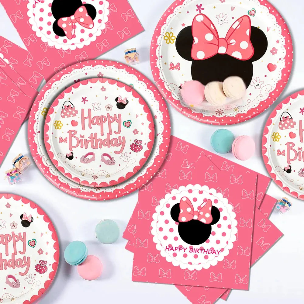 113PCS Min-niee Mou-ses Party Supplies Set – Plates, Cups, Napkins, Tablecloth & More – Birthday Tableware Kit for Kids Girls' Theme Party SKYNIX