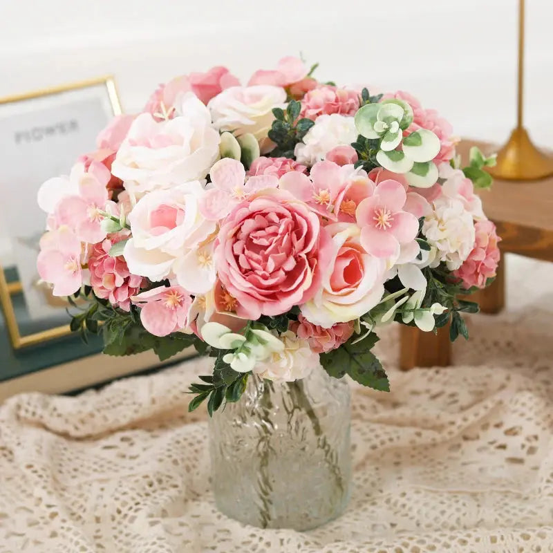 7 Heads Artificial Roses Silk Peonies & Hydrangea Bouquet – Fake Wedding Flowers for Home Decor & Bridal Arrangements SKYNIX