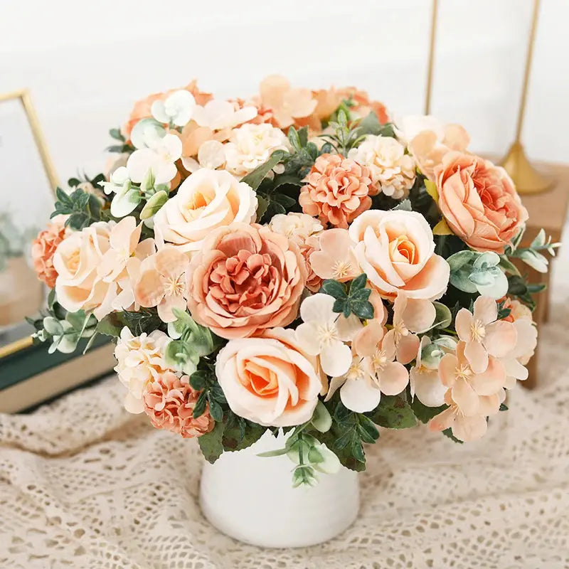7 Heads Artificial Roses Silk Peonies & Hydrangea Bouquet – Fake Wedding Flowers for Home Decor & Bridal Arrangements SKYNIX
