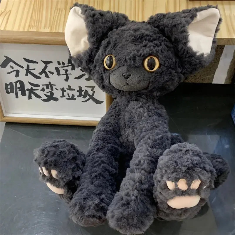 Cute KUKI Black Cat Plush Toy – Long Hair Stuffed Animal Doll with Yellow Green Eyes – Soft Throw Pillow Gift for Kids & Cat Lovers SKYNIX