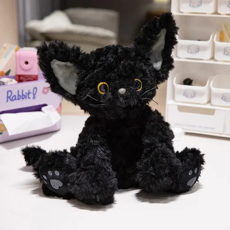 Cute KUKI Black Cat Plush Toy – Long Hair Stuffed Animal Doll with Yellow Green Eyes – Soft Throw Pillow Gift for Kids & Cat Lovers SKYNIX