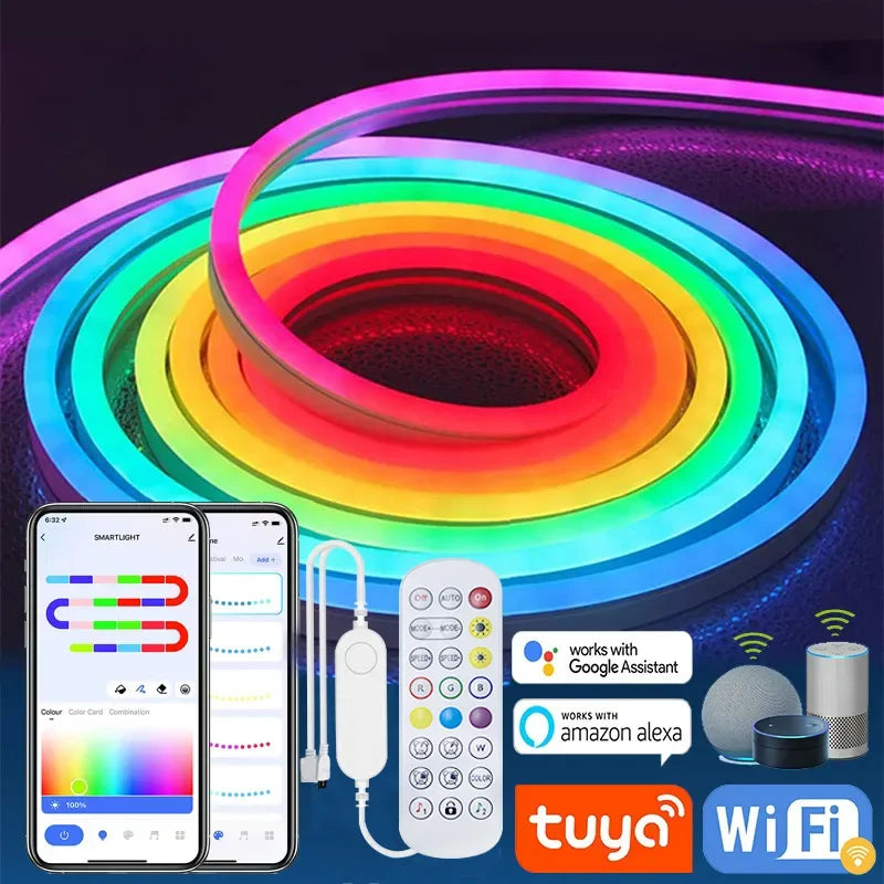 TUYA Neon LED Strip Lights – Waterproof Flexible RGB Rope Light, Bluetooth App Control, Music Sync, 1m–5m for Room Décor