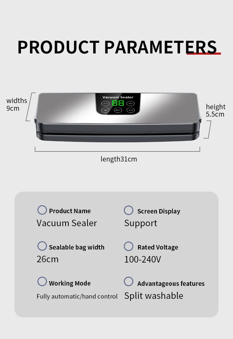 Electric Vacuum Sealer Machine – Dry & Wet Food Packaging, Digital Display