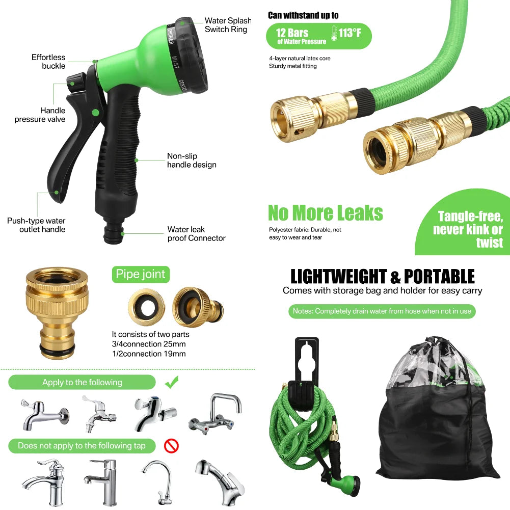 Expandable Garden Water Hose – High Pressure, Double Metal Connector, PVC Reel