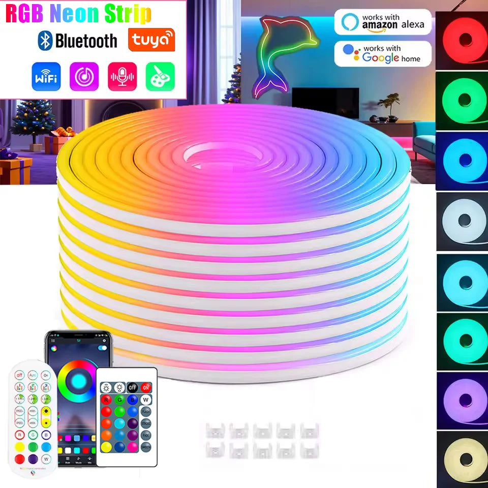 TUYA Neon LED Strip Lights – Waterproof Flexible RGB Rope Light, Bluetooth App Control, Music Sync, 1m–5m for Room Décor