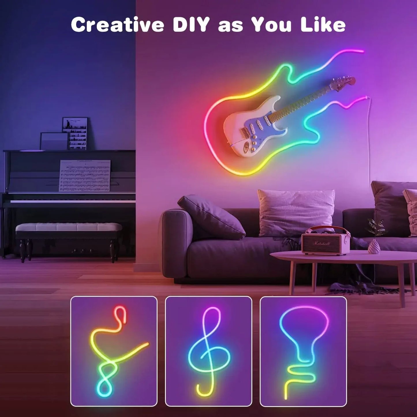 TUYA Neon LED Strip Lights – Waterproof Flexible RGB Rope Light, Bluetooth App Control, Music Sync, 1m–5m for Room Décor