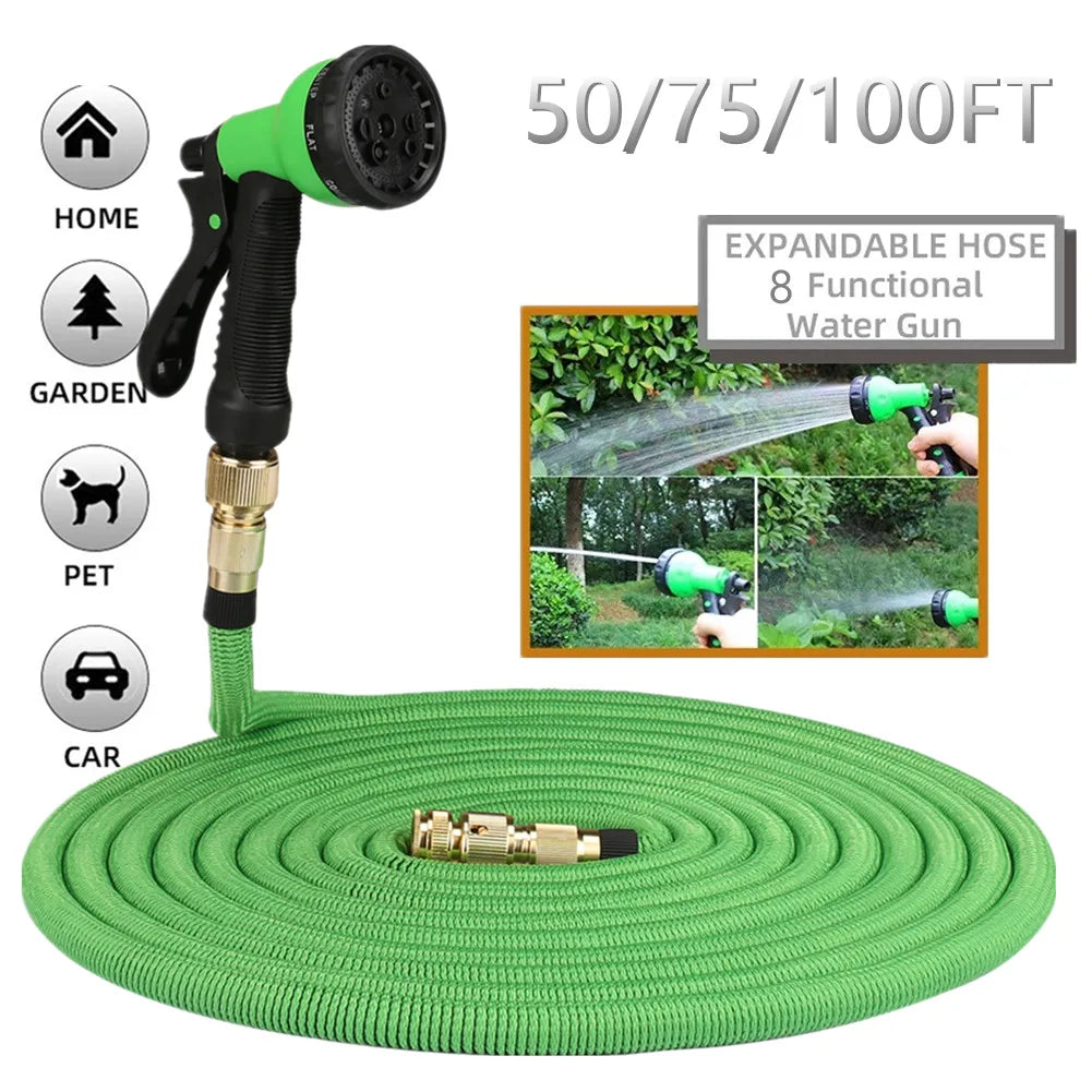 Expandable Garden Water Hose – High Pressure, Double Metal Connector, PVC Reel