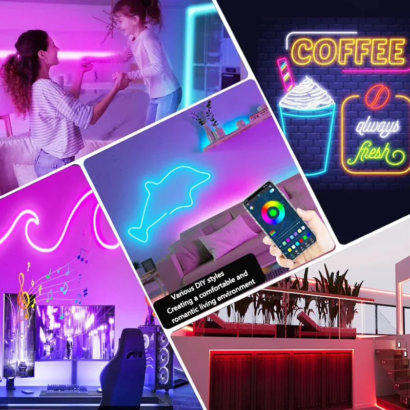 TUYA Neon LED Strip Lights – Waterproof Flexible RGB Rope Light, Bluetooth App Control, Music Sync, 1m–5m for Room Décor