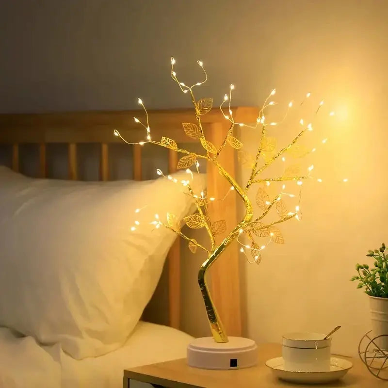 Golden Leaf LED Tree Light – 72 LEDs, Touch Control, USB/Battery Powered Copper Wire Lamp for Home & Holiday Decor SKYNIX