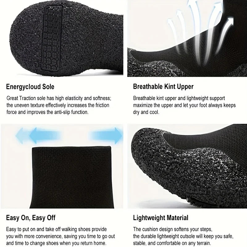 Black walking shoes with features highlighted on a white background