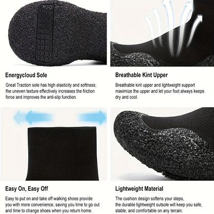 Black walking shoes with features highlighted on a white background