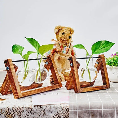 Tabletop Glass Planter – Propagation Station with Wooden Rack | Hydroponic Terrarium Vases for Home & Room Decor