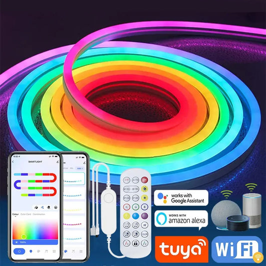 TUYA Neon LED Strip Lights – Waterproof Flexible RGB Rope Light, Bluetooth App Control, Music Sync, 1m–5m for Room Décor