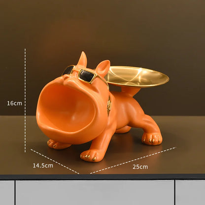 Resin Bulldog Statue with Storage Tray – Decorative Dog Sculpture for Home, Entryway, or Office