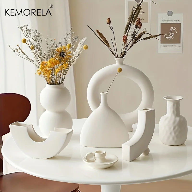 Nordic Ceramic Donut Vase – Circular Hollow Flower Pot for Home & Office Decor