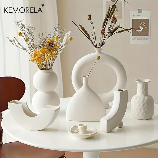 Nordic Ceramic Donut Vase – Circular Hollow Flower Pot for Home & Office Decor