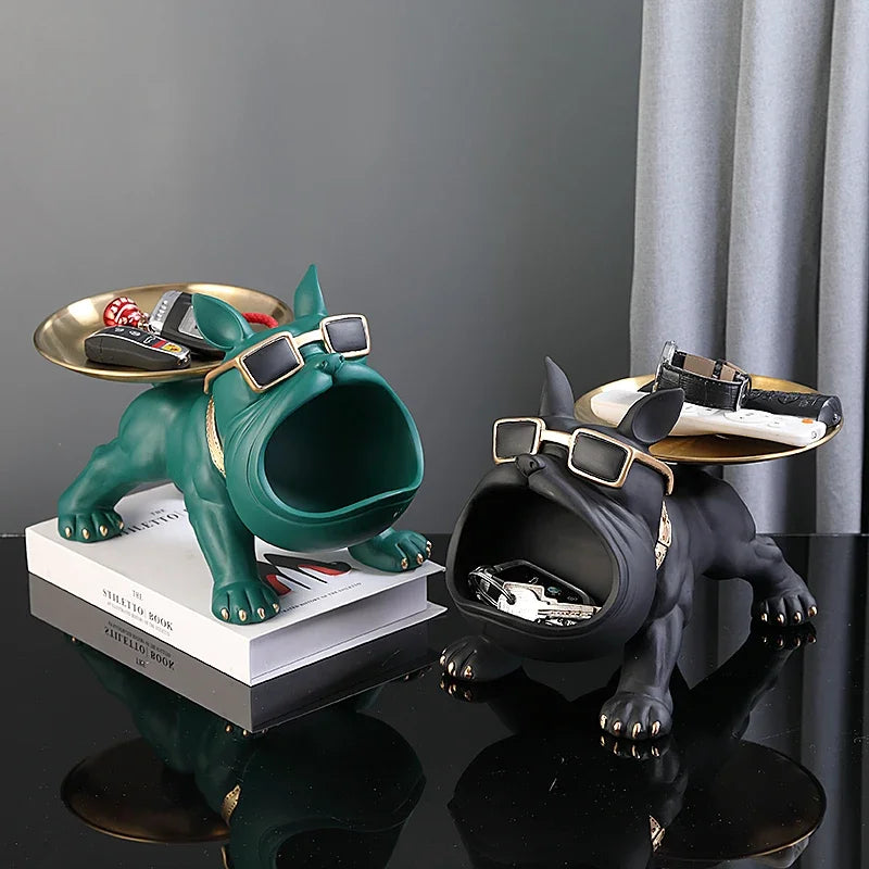 Resin Bulldog Statue with Storage Tray – Decorative Dog Sculpture for Home, Entryway, or Office