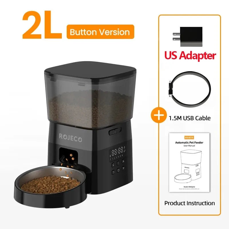 Rojeco pet feeder with US adapter, USB cable, and product instruction on a white background