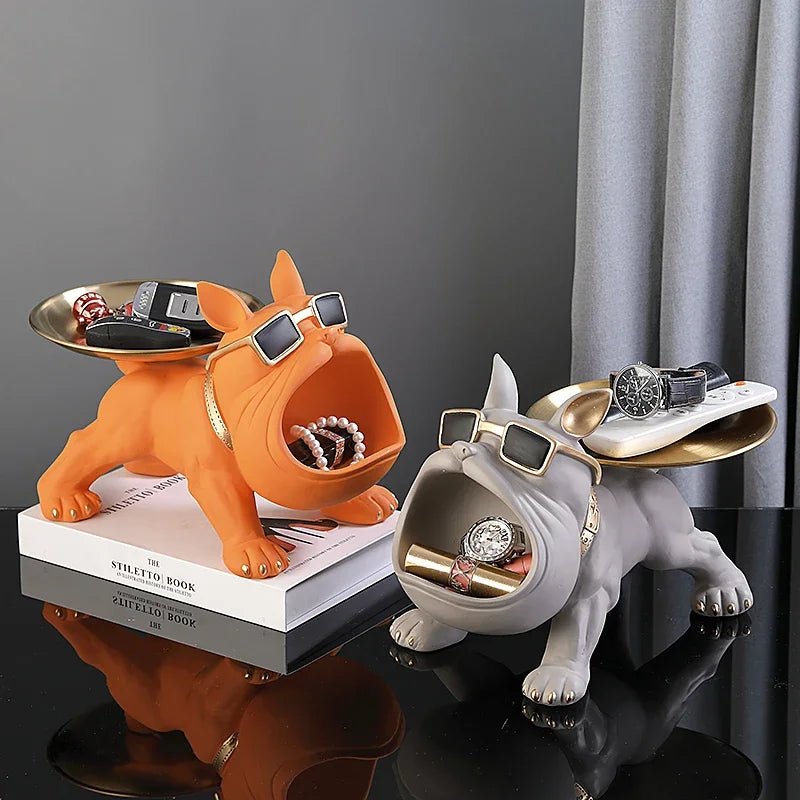Resin Bulldog Statue with Storage Tray – Decorative Dog Sculpture for Home, Entryway, or Office