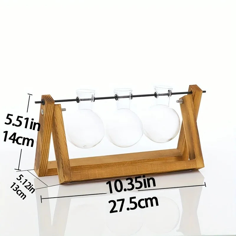 Tabletop Glass Planter – Propagation Station with Wooden Rack | Hydroponic Terrarium Vases for Home & Room Decor