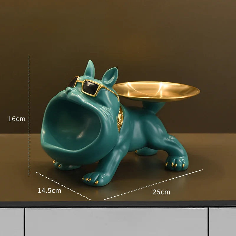 Resin Bulldog Statue with Storage Tray – Decorative Dog Sculpture for Home, Entryway, or Office