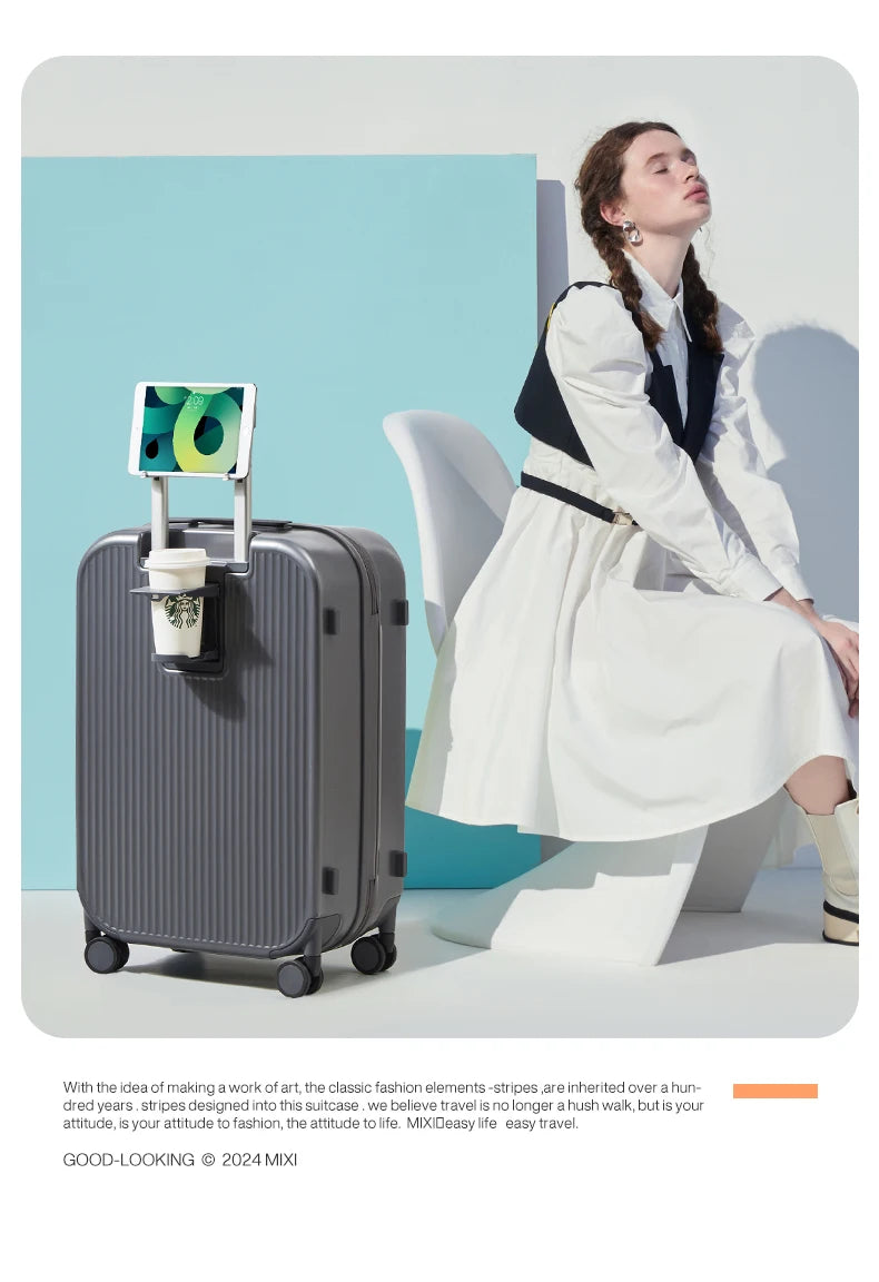Mixi Carry-On Luggage M9290 – Hard Shell Spinner Suitcase with Built-In Cup & Phone Holder