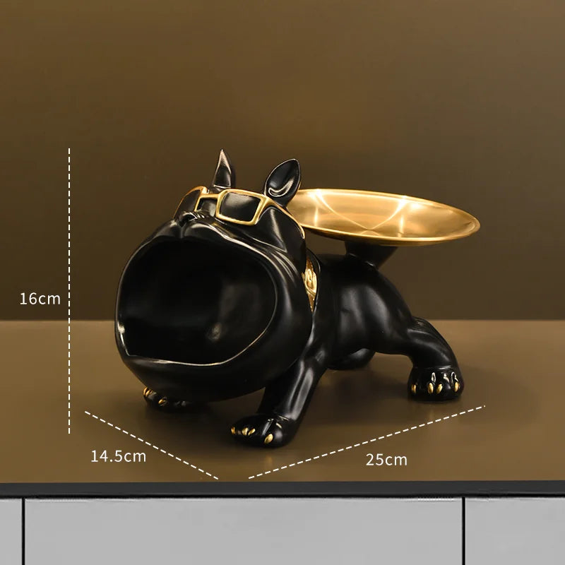 Resin Bulldog Statue with Storage Tray – Decorative Dog Sculpture for Home, Entryway, or Office