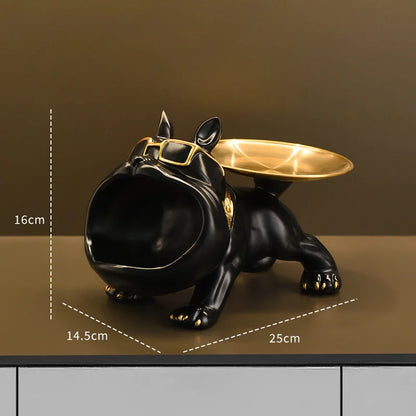Resin Bulldog Statue with Storage Tray – Decorative Dog Sculpture for Home, Entryway, or Office