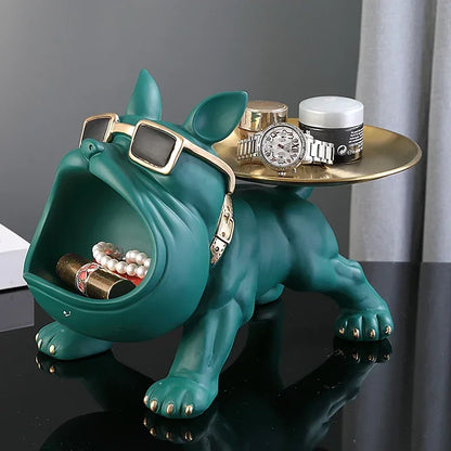 Resin Bulldog Statue with Storage Tray – Decorative Dog Sculpture for Home, Entryway, or Office