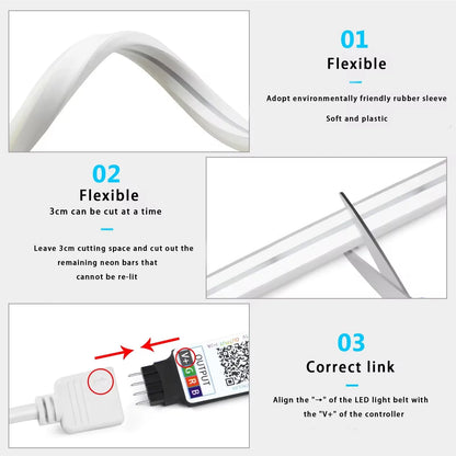 TUYA Neon LED Strip Lights – Waterproof Flexible RGB Rope Light, Bluetooth App Control, Music Sync, 1m–5m for Room Décor