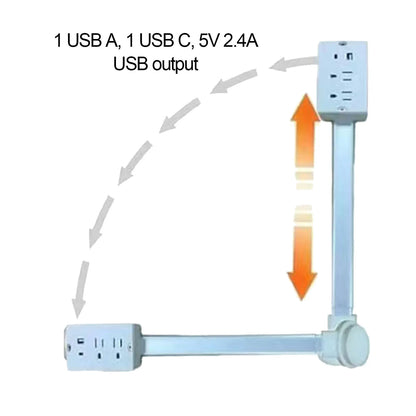 Power Outlet Extender – 2 AC, USB-A & USB-C, 180° Rotatable Plug