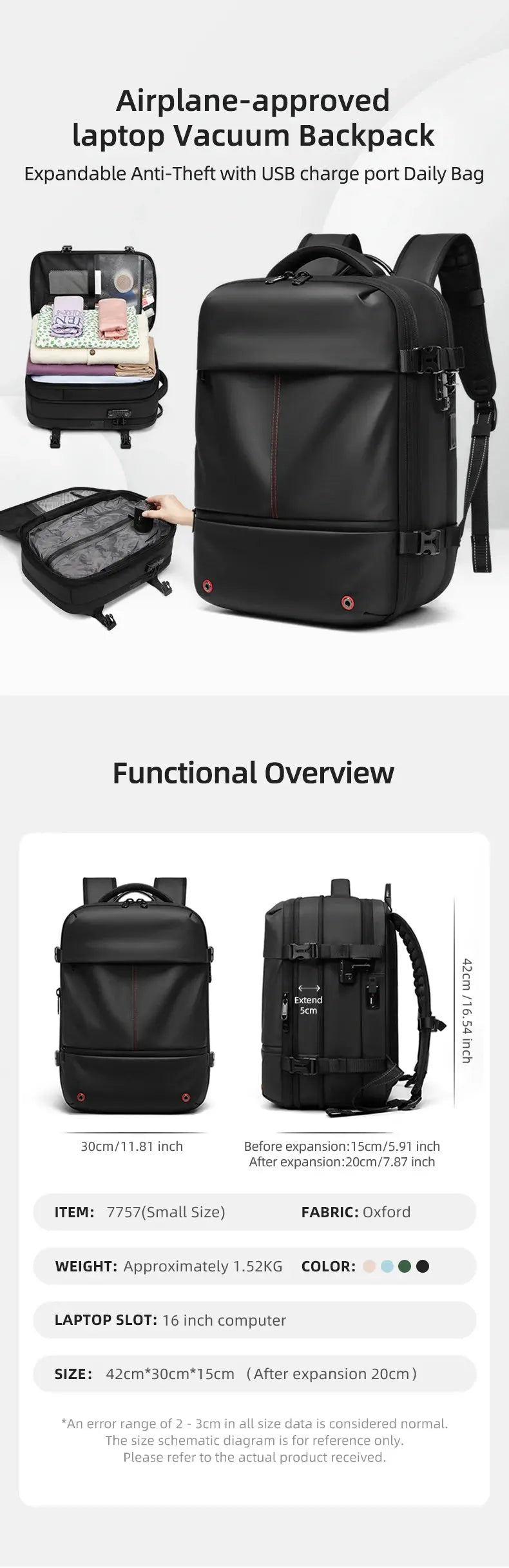 Travel Laptop Backpack 16" – USB Charging, Vacuum Compression, Business Use SKYNIX